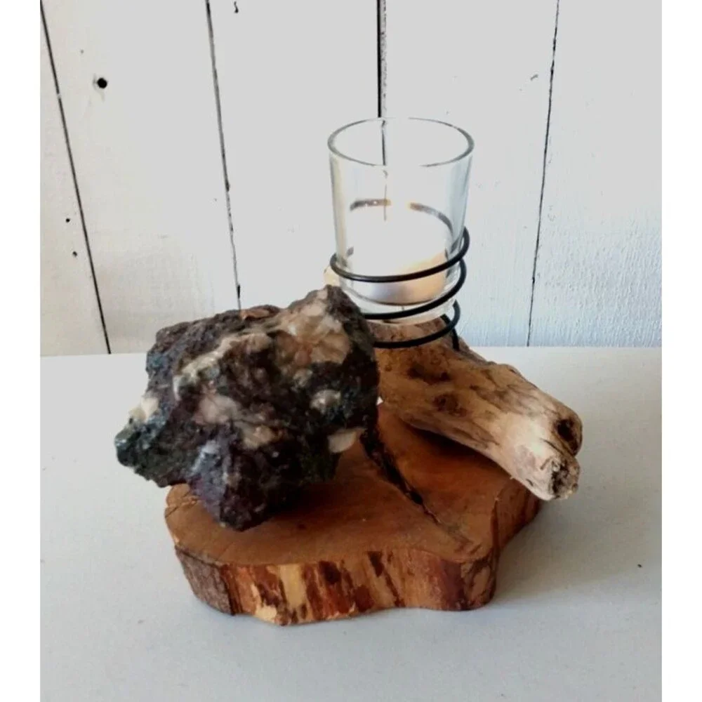 Rustic Driftwood Organic Rock Candle Holder Handmade